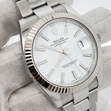 Rolex Datejust 41 126334 White Index Dial White Gold Fluted Bezel Watch 2020 Box Papers