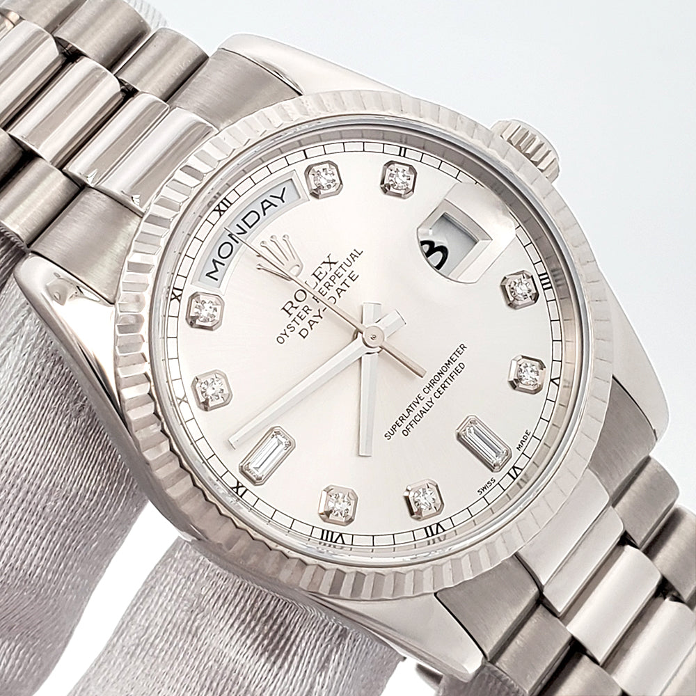Certified Rolex President Day-Date 36mm 118239 Factory Silver Diamond Dial White Gold Watch Box Papers