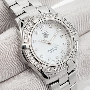 Tag Heuer Aquaracer Lady 28mm White Mother of pearl Diamond Dial Quartz Steel Watch WAF1416