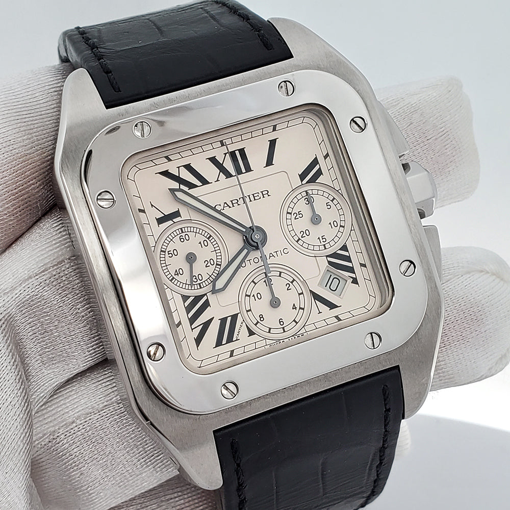 Cartier Santos 100 XL Chronograph White Roman Dial Stainless Steel Watch W20090X8 2740