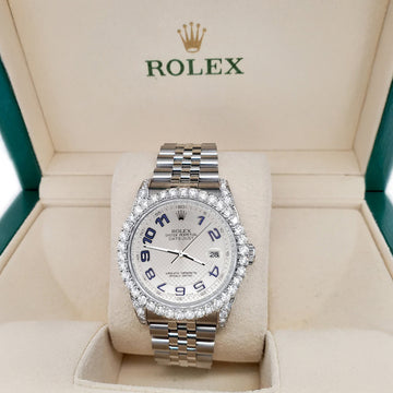 Rolex Datejust 116200 36mm 3.9CT Diamond Bezel/Lugs/Silver Decorated Blue Arabic Dial Steel Watch