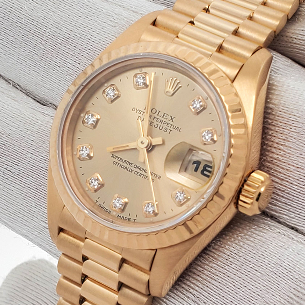 Rolex President Ladies 26mm Factory Champagne Diamond Dial Yellow Gold Watch 69178 Box Papers