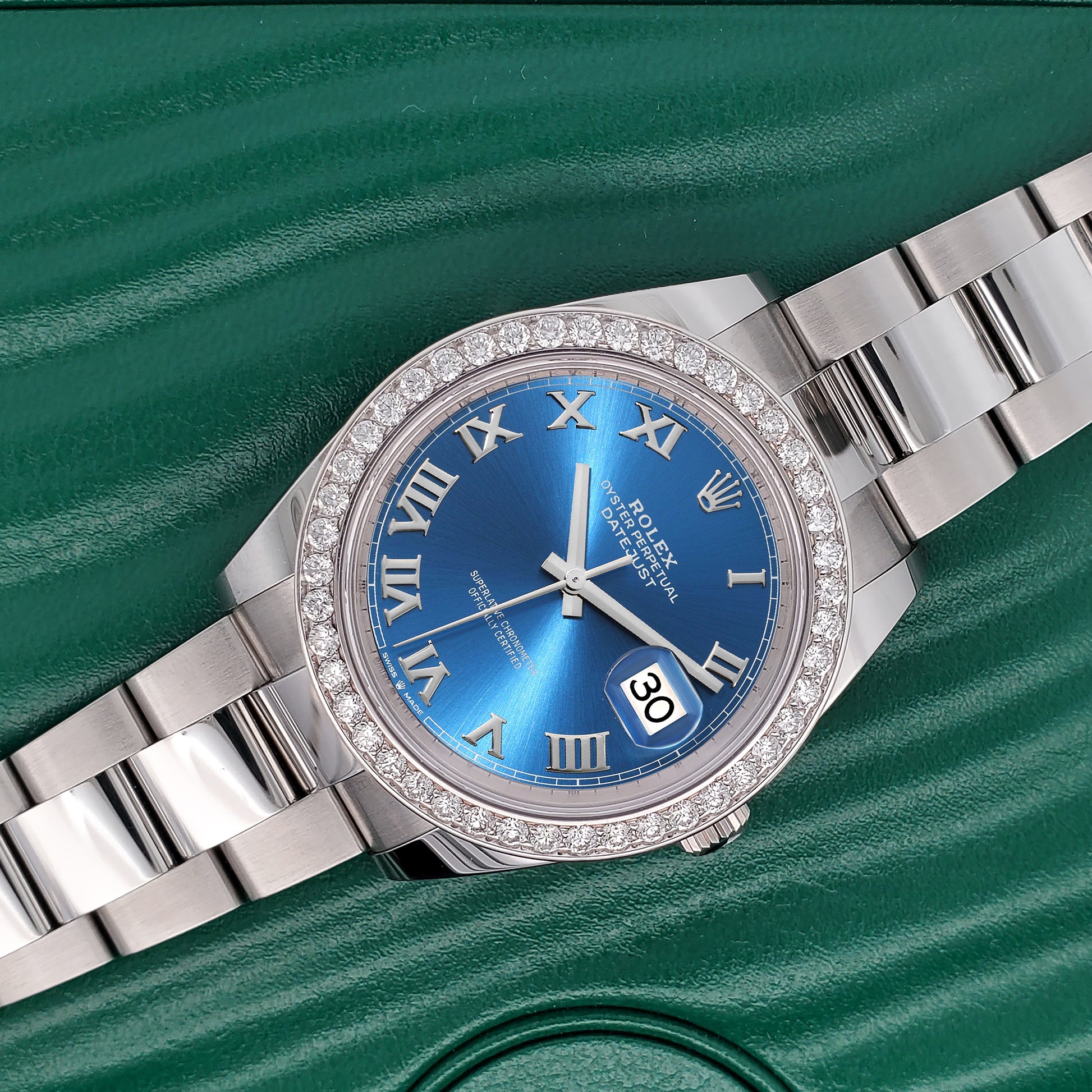 Rolex Datejust 41 126300 Blue Roman 2.4CT Diamond Bezel Steel Oyster Watch Box Papers
