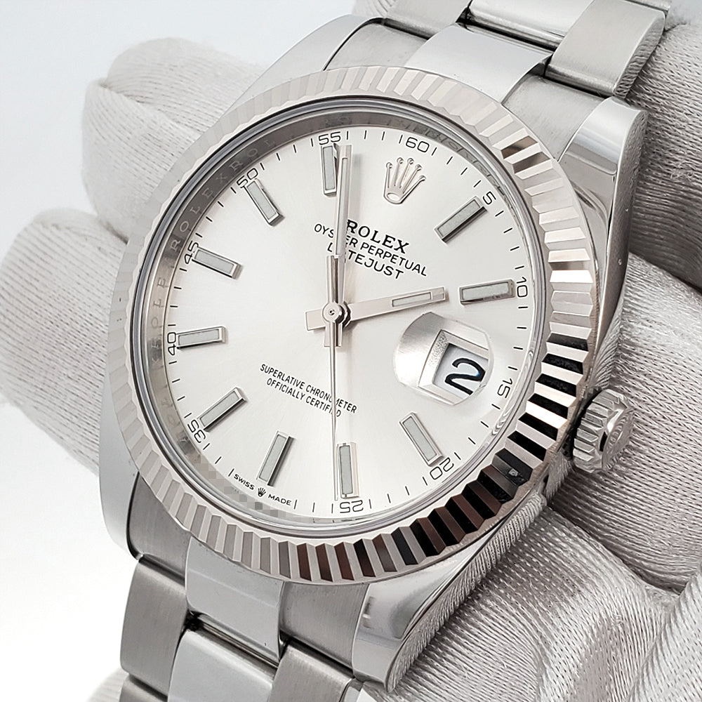 2023 Rolex Datejust 41 Silver Index White Gold Fluted Bezel Oyster Steel Watch 126334 Box Papers