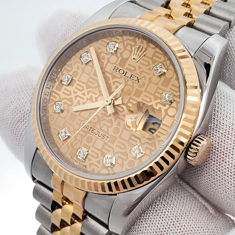 Rolex Datejust 36mm 116233 Factory Champagne Jubilee Diamond 2-tone Yellow Gold/Steel Jubilee Watch Box Papers