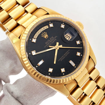 1991 Unpolished Rolex President Day-Date Factory Black Diamond Dial Yellow Gold 36mm Watch 18238 Box Papers
