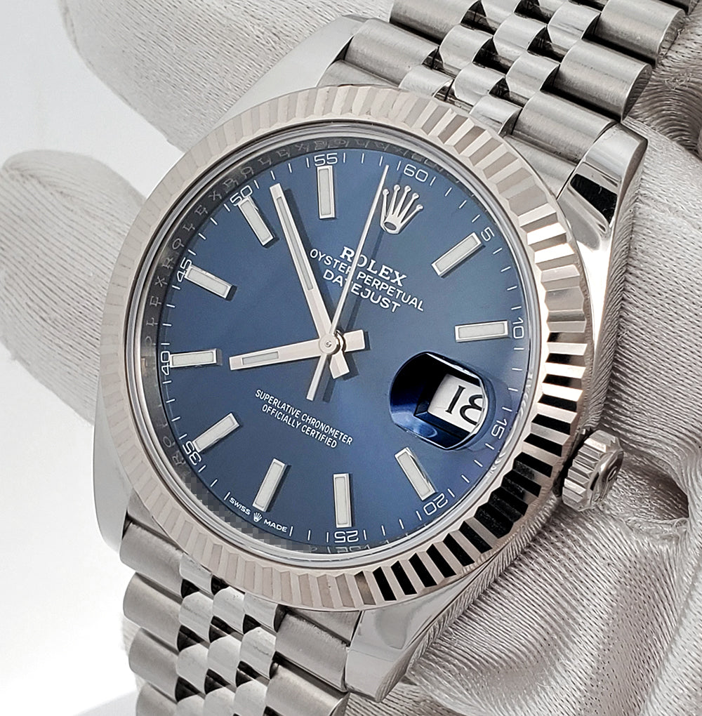 Rolex Datejust 41 Blue Index Dial White Gold Fluted Bezel Steel Jubilee Watch 126334 Box Papers