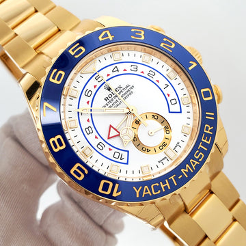 Unworn 2023 Rolex Yacht-Master II Yellow Gold Blue Ceramic Bezel 44mm Watch 116688 Box Papers