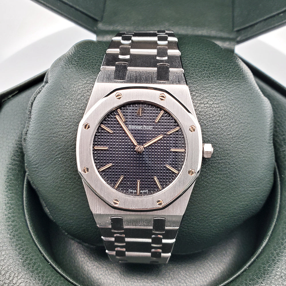 Audemars Piguet Royal Oak 33mm Black Tapisserie Steel Watch 6303ST Box Papers