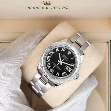 Rolex Datejust Midsize 31mm Black Sunbeam Roman Dial Scattered Diamond Bezel Watch 178240