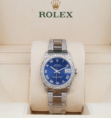 Rolex Datejust Midsize 31mm Blue Roman Dial 3.5ct Diamond Bezel/Lugs/Bracelet Oyster Watch
