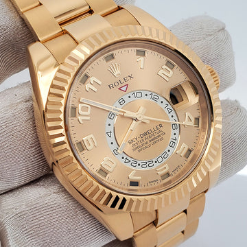 Rolex Sky-Dweller 42mm 326938 Champagne Sunray Arabic Dial Yellow Gold Watch Box Papers