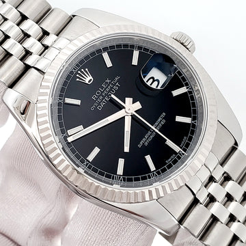 2017 Rolex Datejust 36mm Black Index Dial White Gold Fluted Bezel Steel Jubilee Watch 116234 Papers