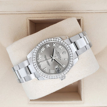 Rolex Datejust Midsize 31mm 178240 Silver Roman Dial Watch With 0.95ct Diamond Bezel
