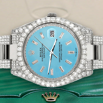 Rolex Datejust II 41mm 10.3CT Pave Diamond Bezel/Case/Bracelet/Ice Blue Diamond Dial Steel Watch 116300 Box Papers