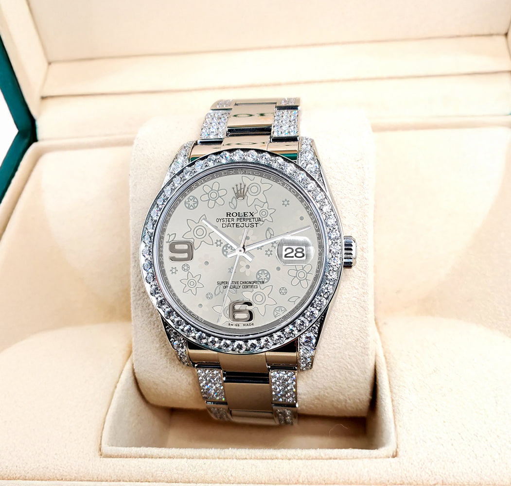 Rolex Datejust 36mm 5.9ct Diamond Bezel/Lugs/Bracelet/Silver Floral Dial Steel Watch 116200 Box Papers