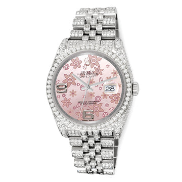 Rolex Datejust 36mm Pink Floral Dial Pave 10.2ct Iced Diamond Jubilee Watch 116200 Box Papers