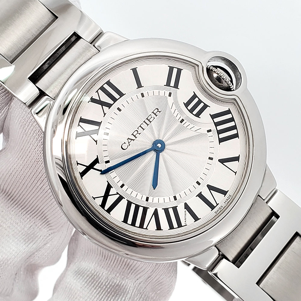 Cartier Ballon Bleu 36mm Silver Roman Dial Quartz Steel Watch W69011Z4 3005 Papers