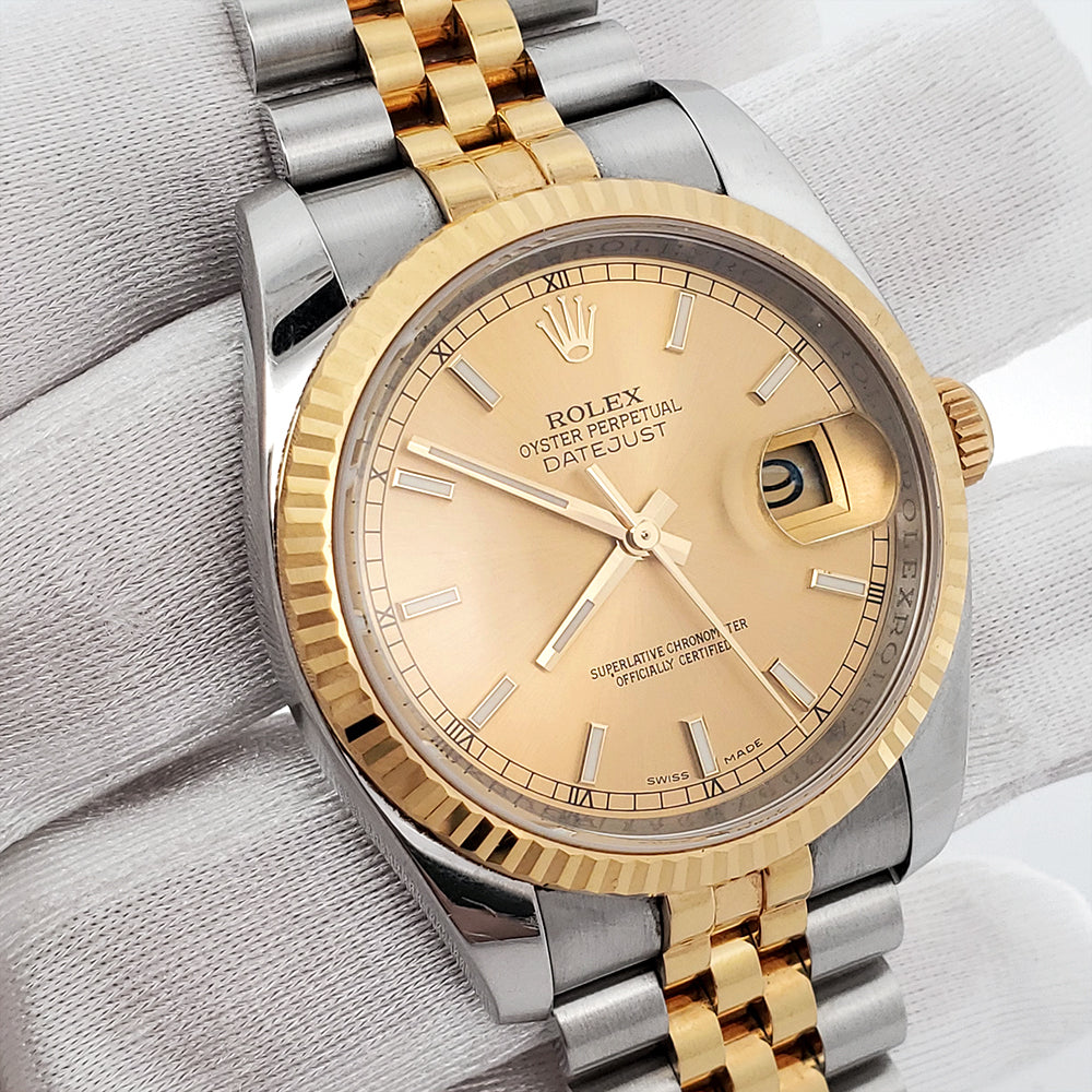 Upgrade your style with timeless sophistication. The Rolex Datejust 36mm boasts a champagne dial, gold & steel on a Jubilee bracelet. Shop today!