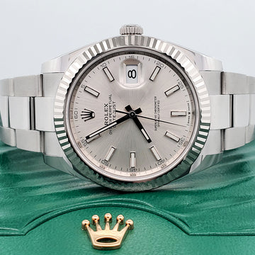 2024 Unworn Rolex Datejust 41 Silver Index White Gold Fluted Bezel  Oyster Watch 126334 Box Papers