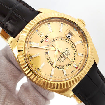 2019 Rolex Yellow Gold Sky-Dweller Watch Champagne Index Dial Leather Strap 326138 42mm Box Papers