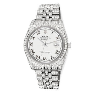 Rolex Datejust 36mm White Roman Dial Pave 10.2ct Iced Diamond Jubilee Watch 116200 Box Papers