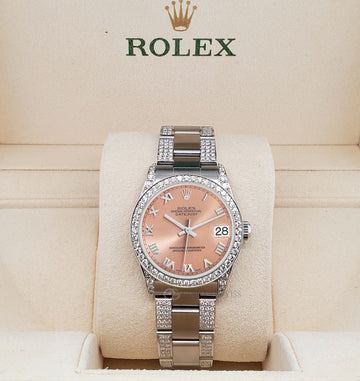 Rolex Datejust Midsize 31mm Salmon Roman Dial 3.5ct Diamond Bezel/Lugs/Bracelet Oyster Watch