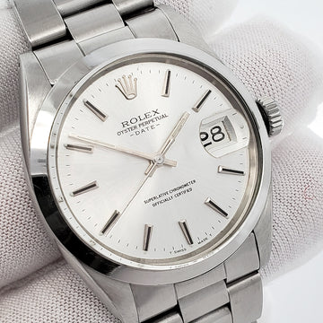 Rolex Oyster Perpetual Date 34mm Silver Index Smooth Bezel Steel Watch 1500