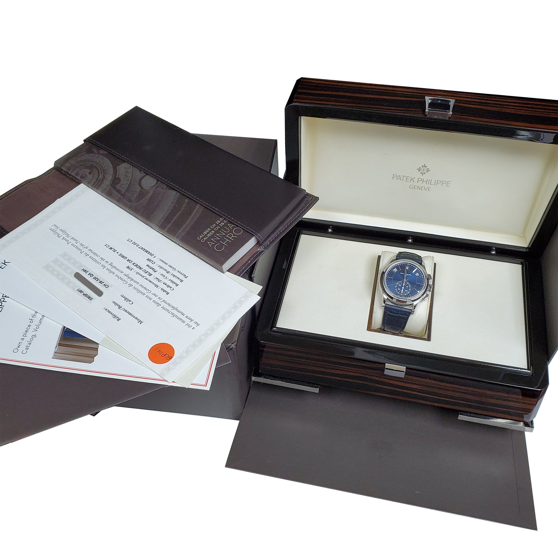 Patek Philippe Complications Annual Calendar Blue Baguette Chronograph 5905P 001 Watch Box Papers