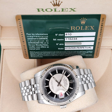 Rolex Tuxedo Dial Datejust White Gold Bezel 36mm Steel Watch 116234 Box Papers