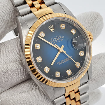Rolex Datejust 36mm Factory Blue Vignette Diamond Dial Yellow Gold/Steel Watch 16233