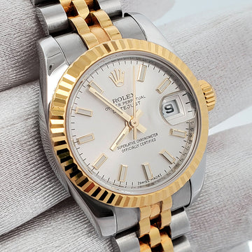 Rolex Datejust 26mm 179173 Silver Index Dial Yellow Gold Fluted Bezel Watch Box Papers