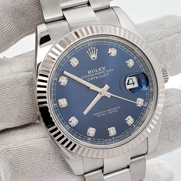 Rolex Datejust 41 126334 Blue Diamond Dial Fluted Bezel Oyster Steel Watch Box Papers