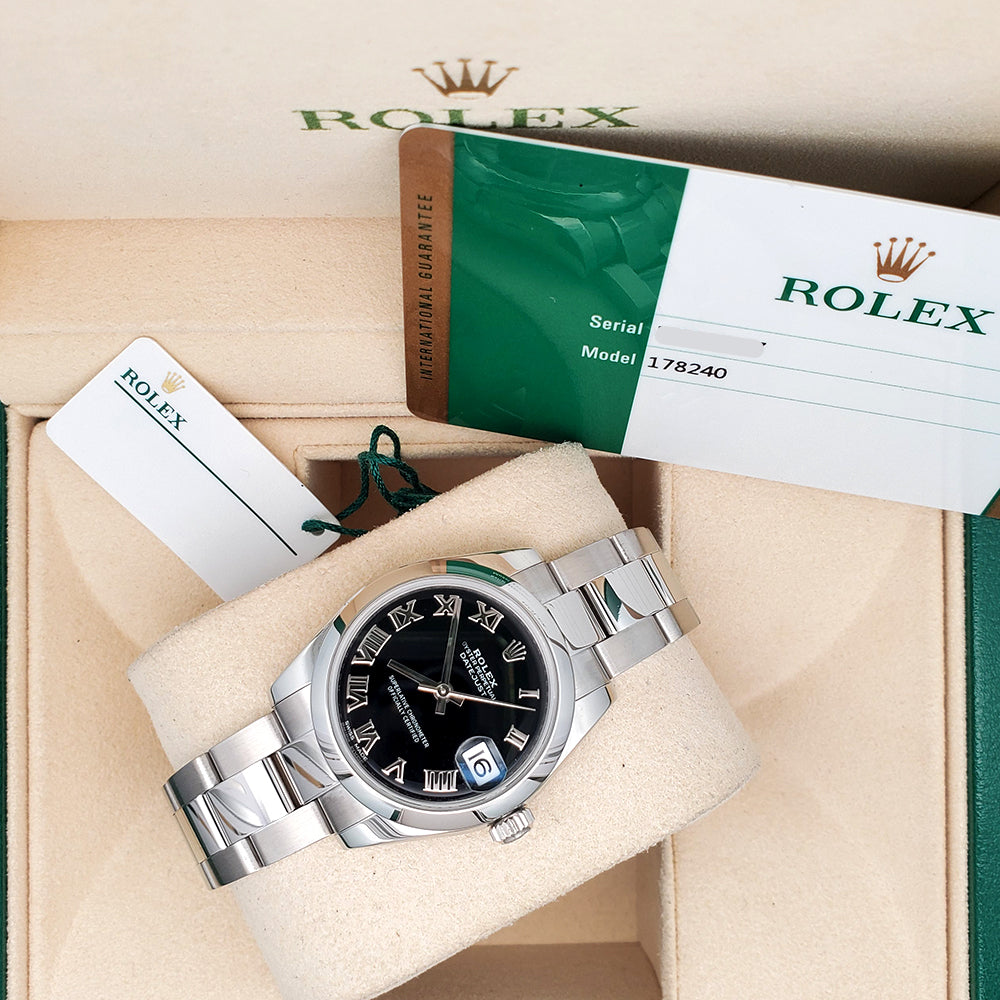 Rolex Datejust 31mm Black Roman Steel Oyster Watch 178240 Box Papers