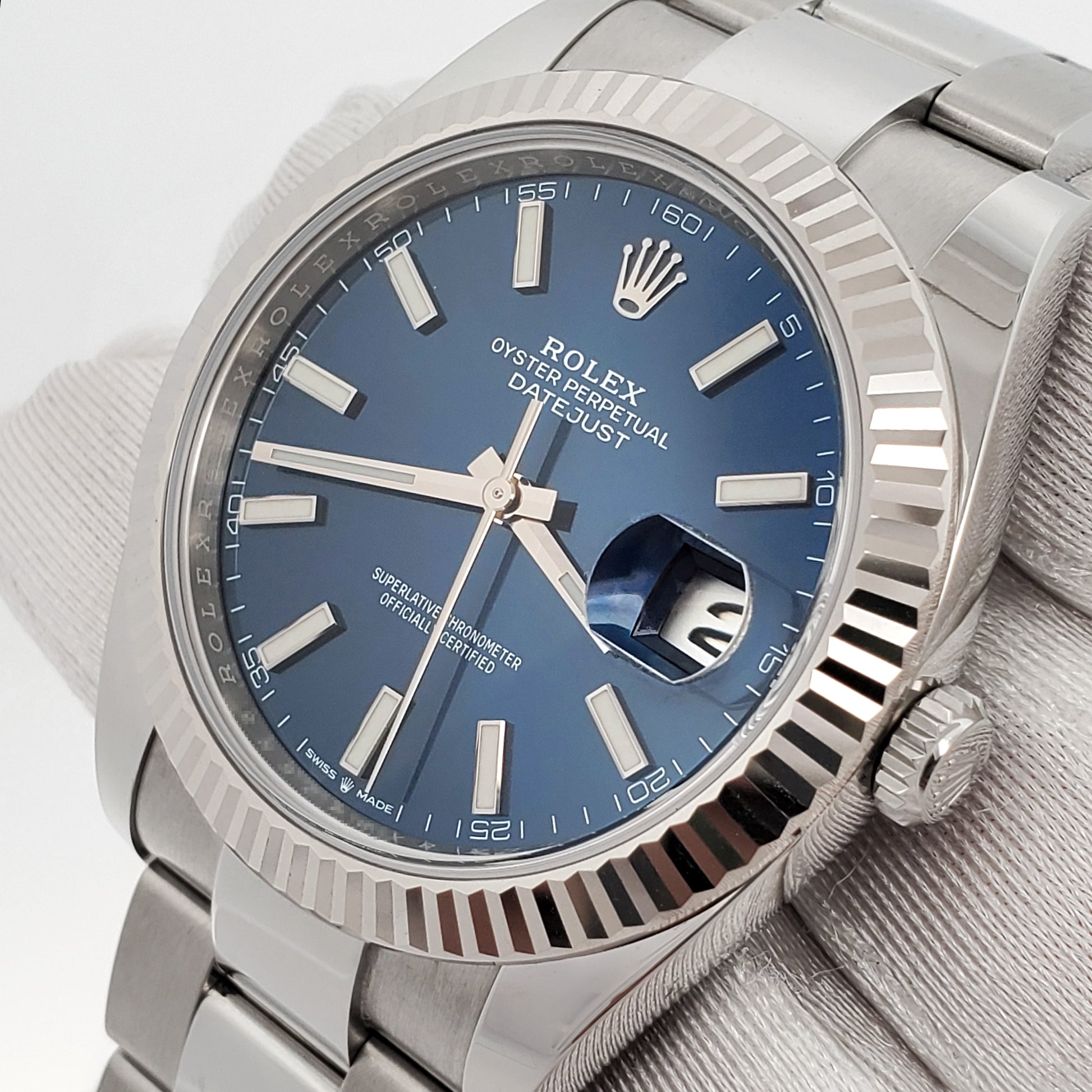 2023 Rolex Datejust 41 Blue Index White Gold Fluted Bezel Steel Watch 126334 Box Papers