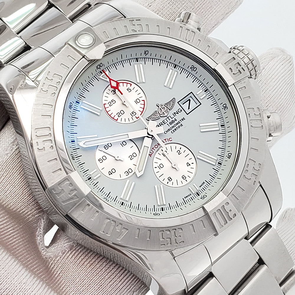 Breitling Super Avenger II White Index Chronograph 48mm Steel Watch A13371 Box Papers