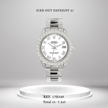 Rolex Datejust 31mm White Roman Dial Pave 7.2ct Iced Diamond Watch 178240