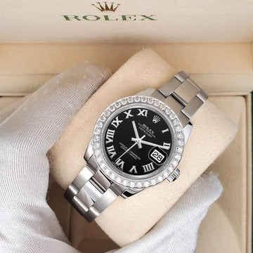 Rolex Datejust Midsize 31mm 178240 Black Sunbeam Roman Dial 1.6ct Diamond Bezel Watch
