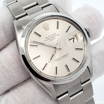 Rolex Oyster Perpetual Date 34mm Silver Index Smooth Bezel Steel Watch 1500