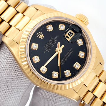 Rolex President Datejust 69178 Factory Black Diamond Dial Yellow Gold 26mm Watch Box/Service Papers