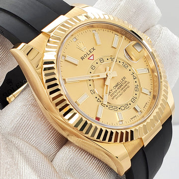 Rolex Sky-Dweller 42mm 326238 Champagne Dial Oysterflex Strap Yellow Gold Watch 2022 Box Papers