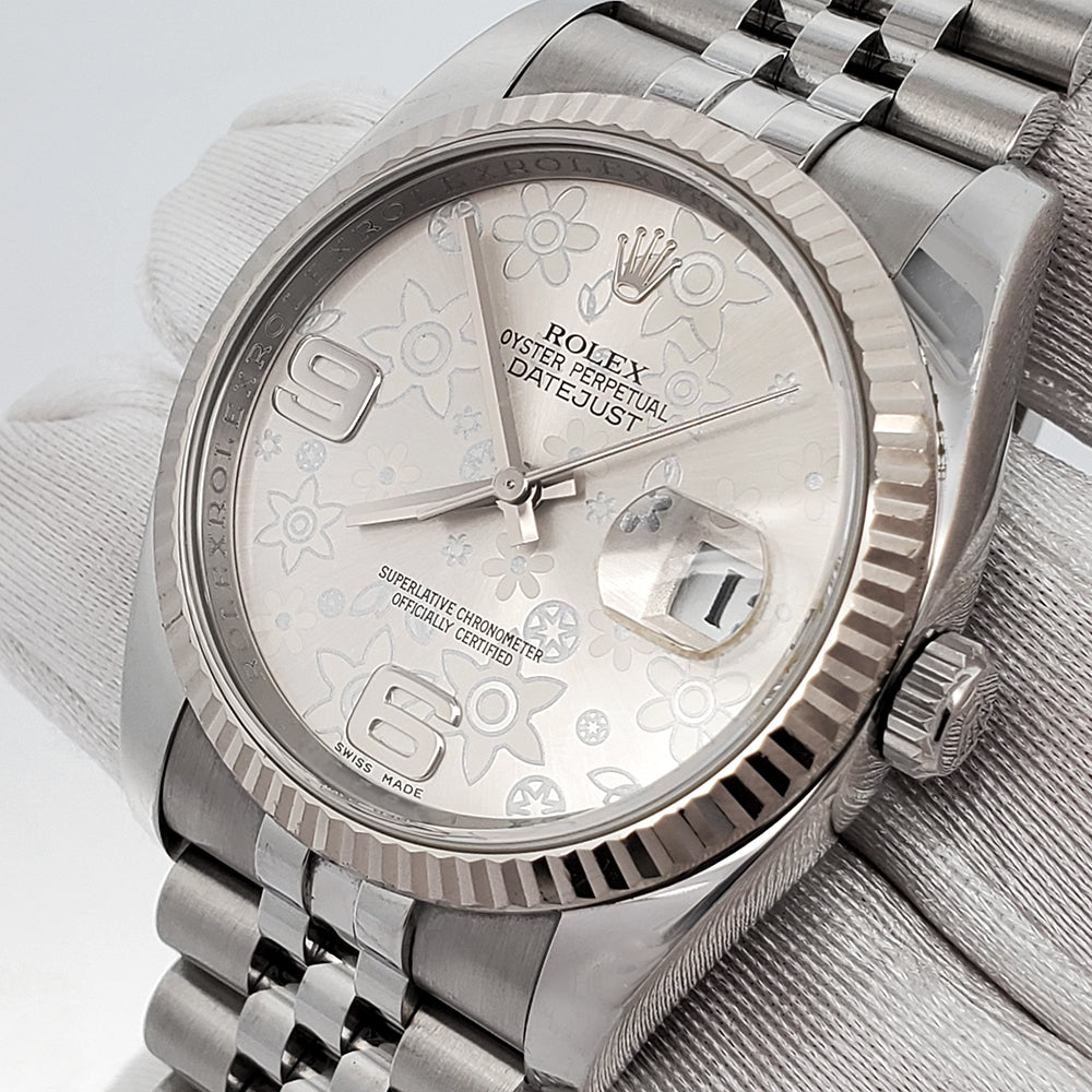 Rolex Datejust 36mm Silver Floral White Gold Fluted Bezel Steel Jubilee Watch 116234 Box Papers