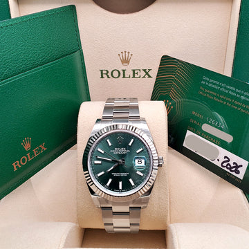 2026 Unworn Rolex Datejust Mint Green White Gold Fluted Bezel Steel Oyster 41mm Watch 126334 Box Papers