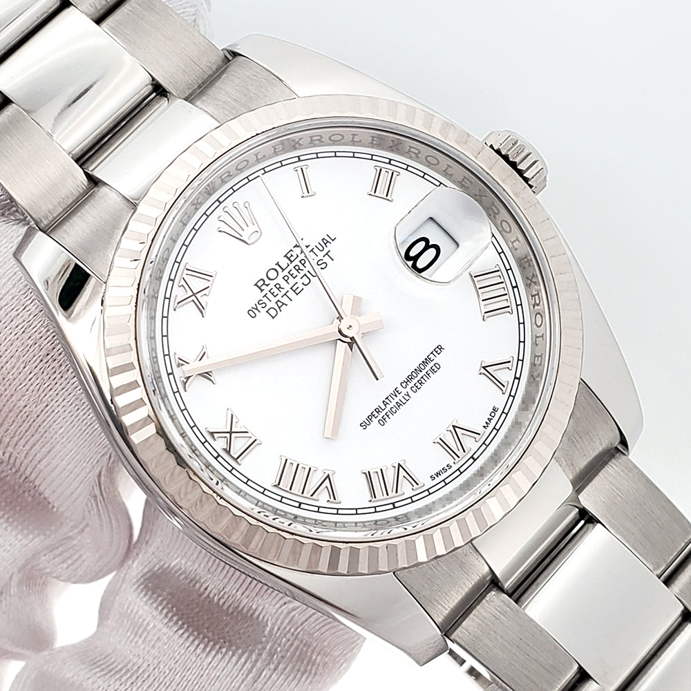 Rolex Datejust 36mm White Roman Dial White Gold Fluted Bezel Steel Oyster Watch 116234 Box Papers