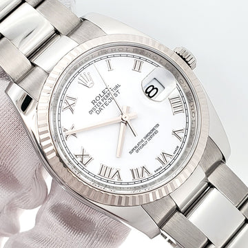Rolex Datejust 36mm White Roman Dial White Gold Fluted Bezel Steel Oyster Watch 116234 Box Papers