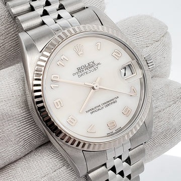 Rolex Datejust 31mm Factory White MOP Arabic Dial White Gold Fluted Bezel Steel Watch 78274 Box Papers