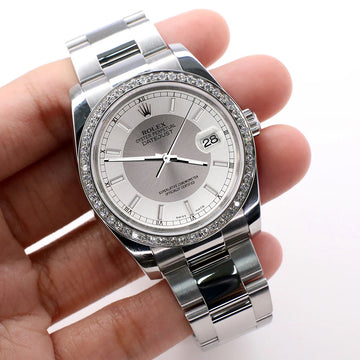 Rolex Datejust 36mm Silver Tuxedo Dial Oyster Watch with custom VS1 Diamond Bezel 116200