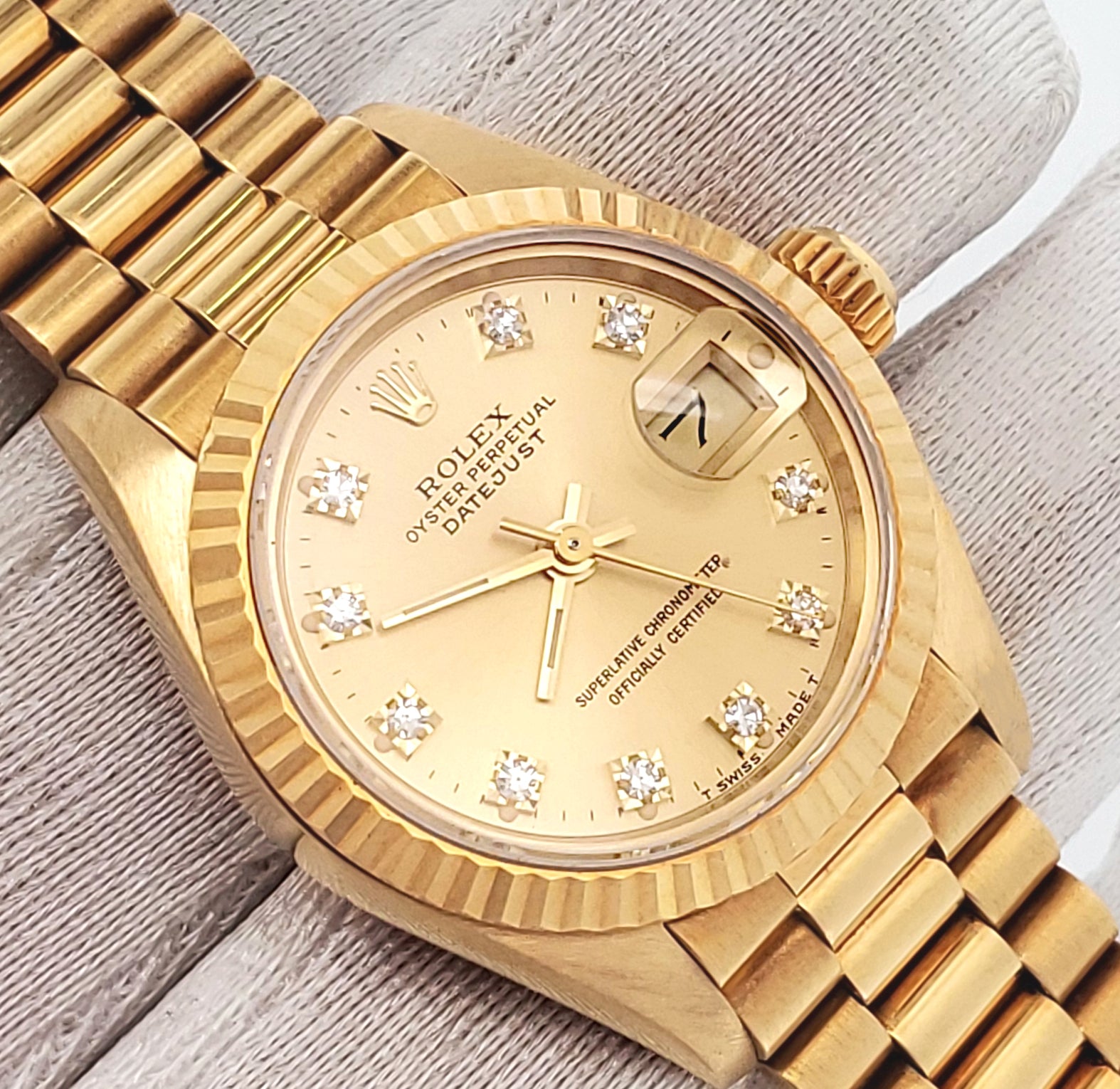 Rolex President Ladies 26mm Factory Champagne Diamond Dial Yellow Gold Watch 69178