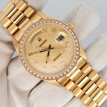 Rolex President Jubilee Diamond Dial Double Quick Yellow Gold 36mm Watch 18238 w/Diamond Bezel