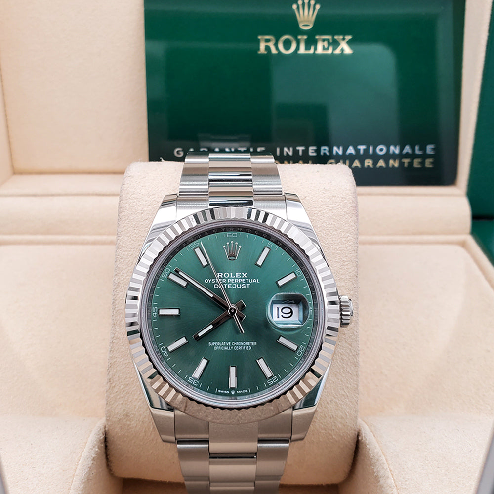 2023 Unworn Rolex Datejust 41 Mint Green White Gold Fluted Bezel Steel Oyster Watch 126334 Box Papers